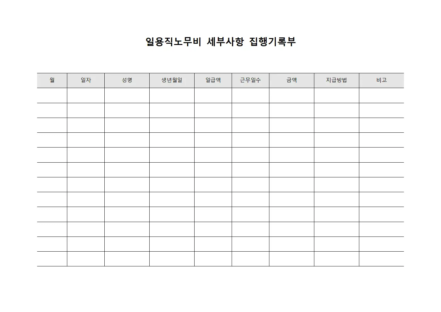 일용직노무비 세부사항 집행기록부