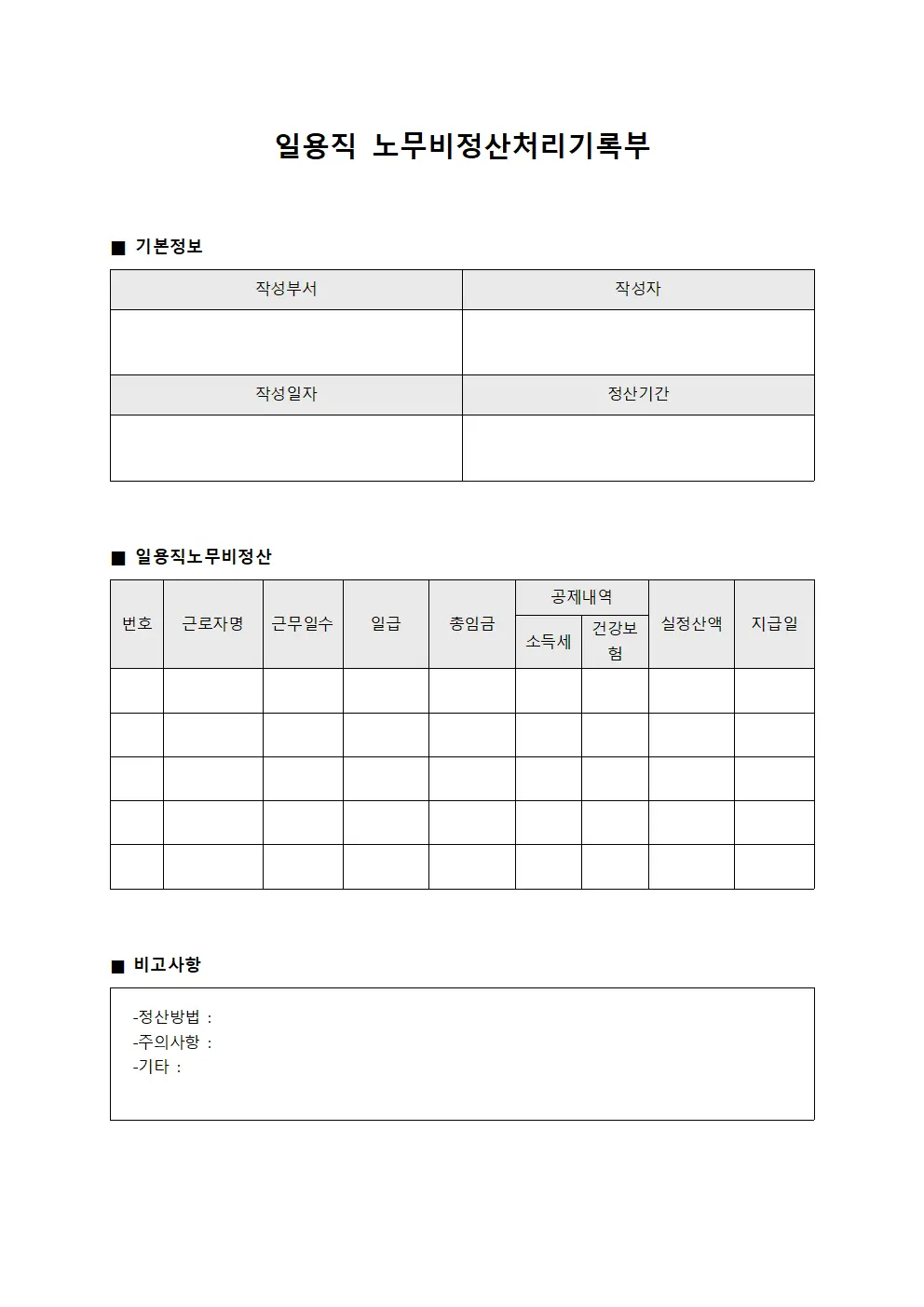 일용직 노무비정산처리기록부