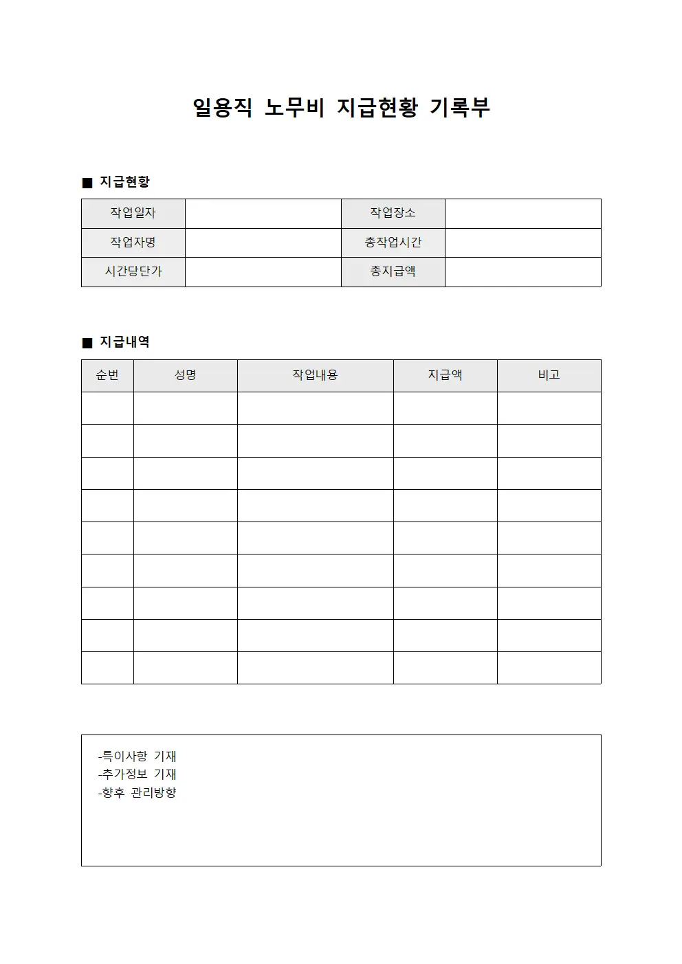 일용직 노무비 지급현황 기록부 파일양식