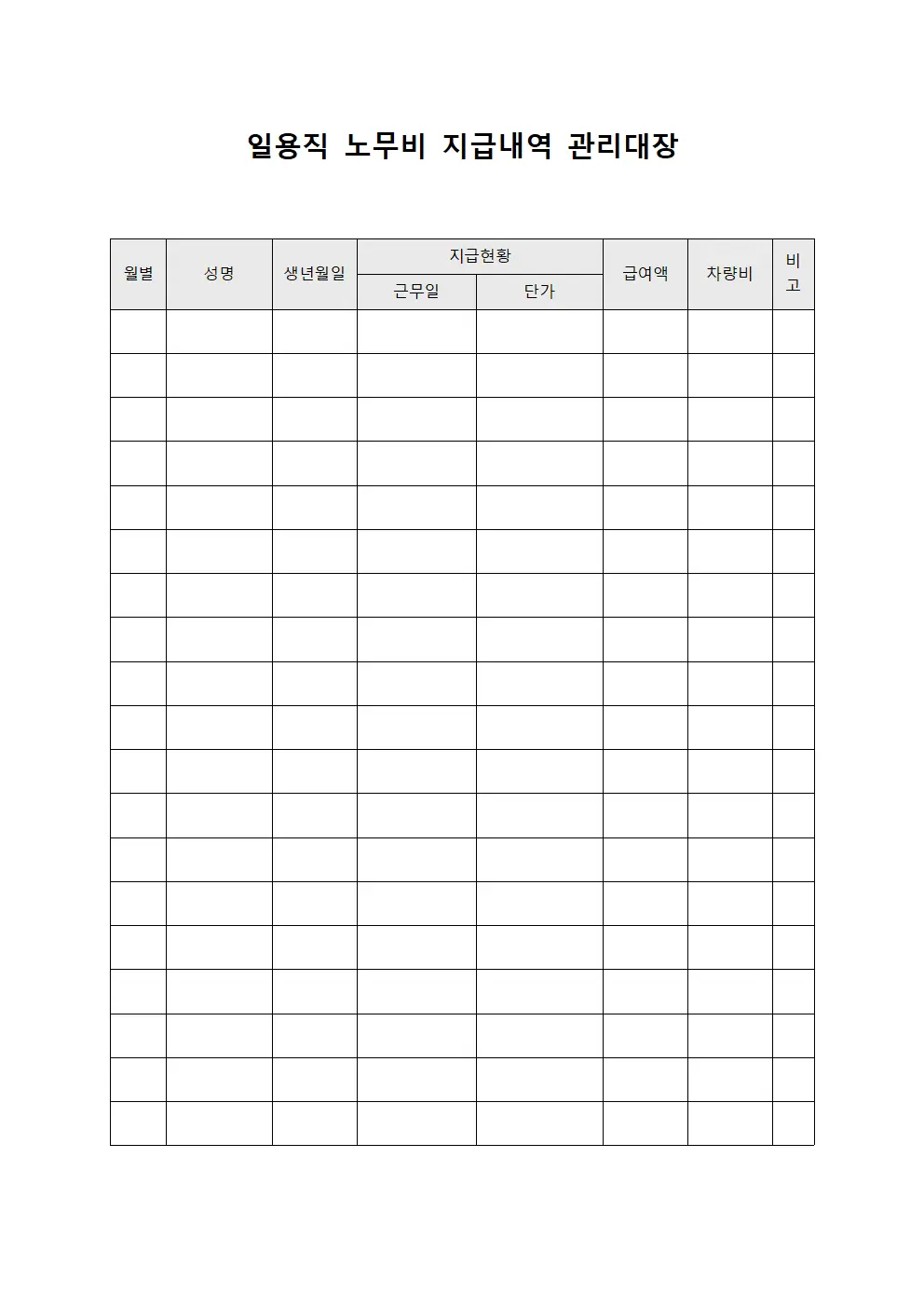 일용직 노무비 지급내역 관리대장 양식