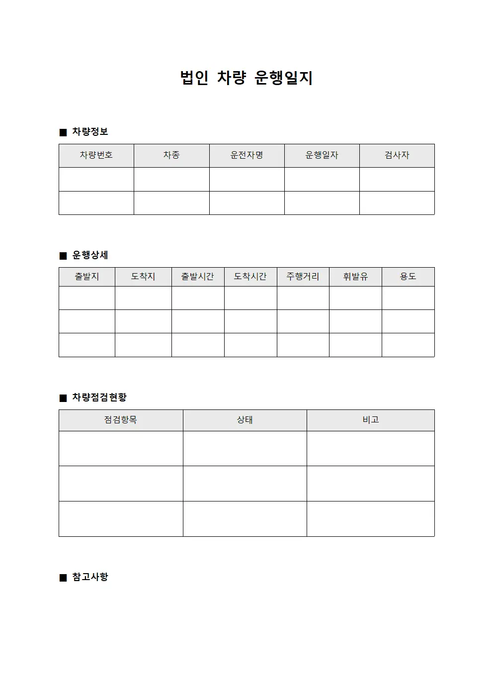 보상 담당 차량 운행일지 점검표