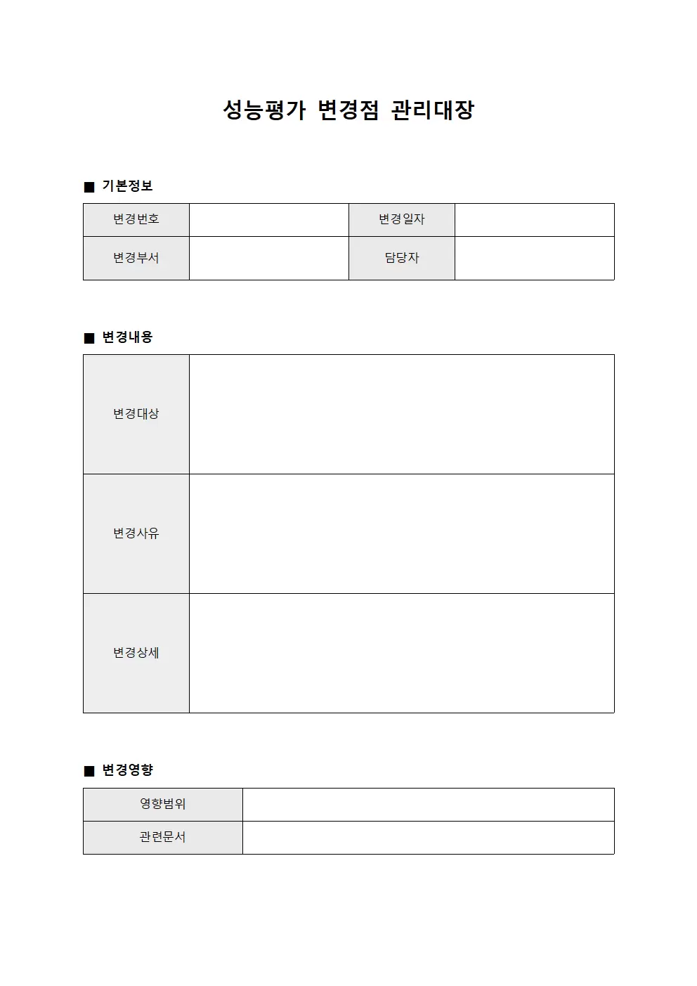 성능평가결과 변경점관리대장