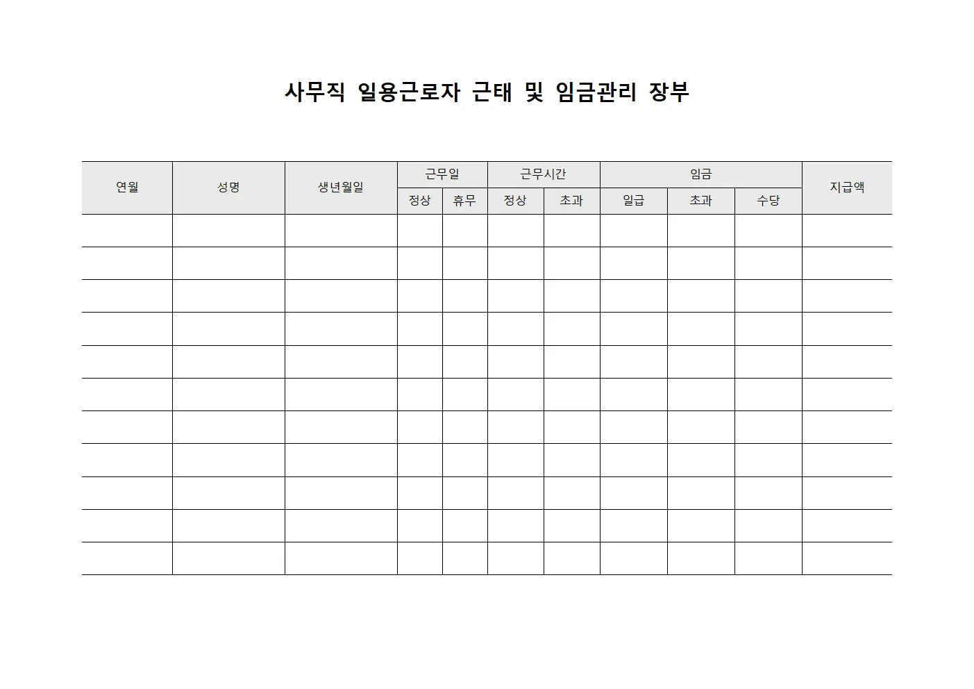 사무직 일용근로자 근태 및 임금관리 장부