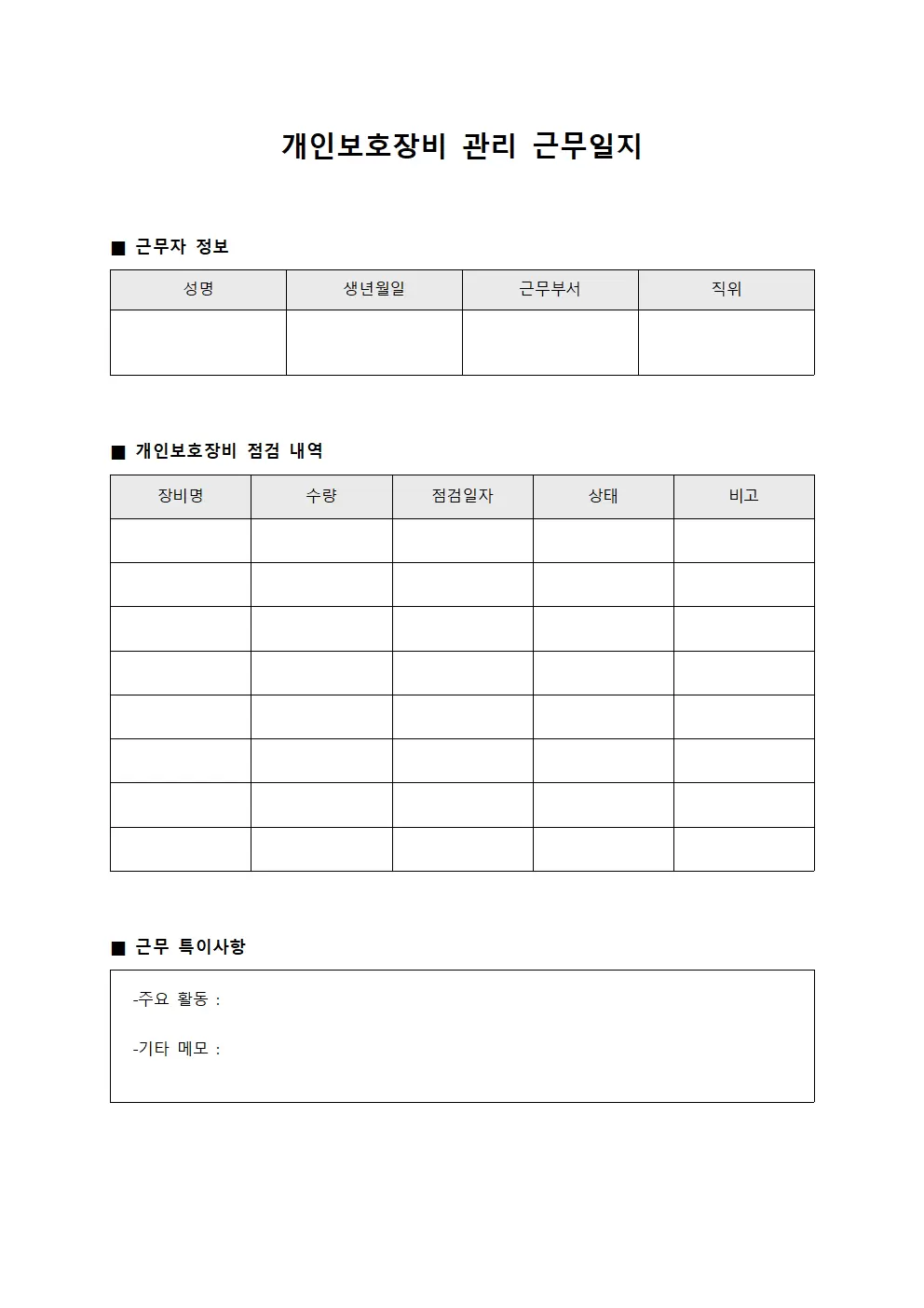 개인보호장비 관리 보건진료소근무일지