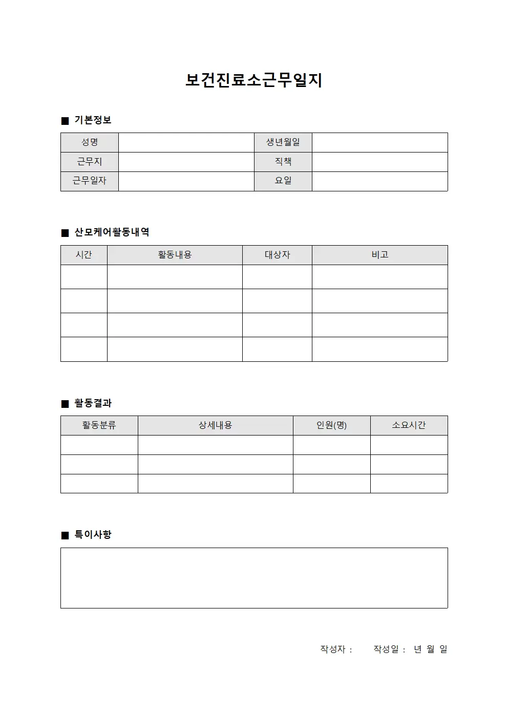 산모케어 담당자 활동내역 보건진료소근무일지