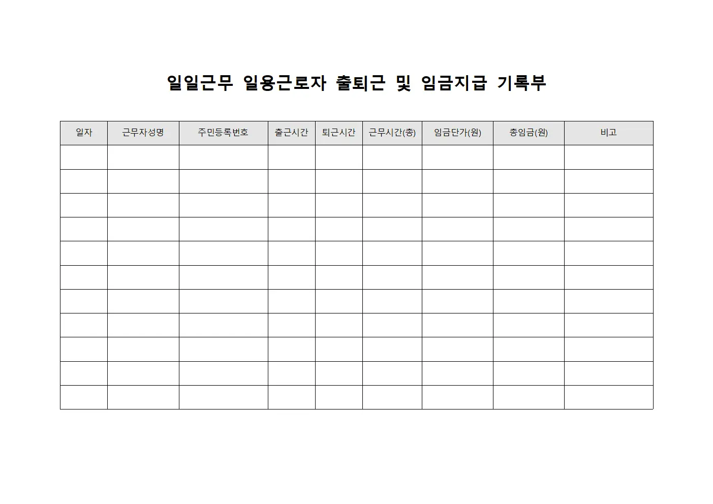 일일근무 일용근로자 출퇴근 및 임금지급 기록부