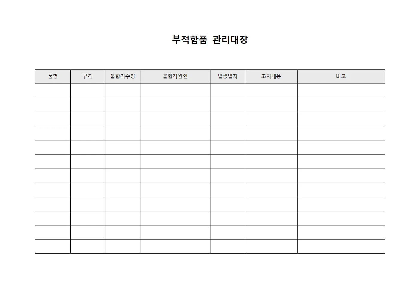 부적합품관리대장 (기술표준확인사항)