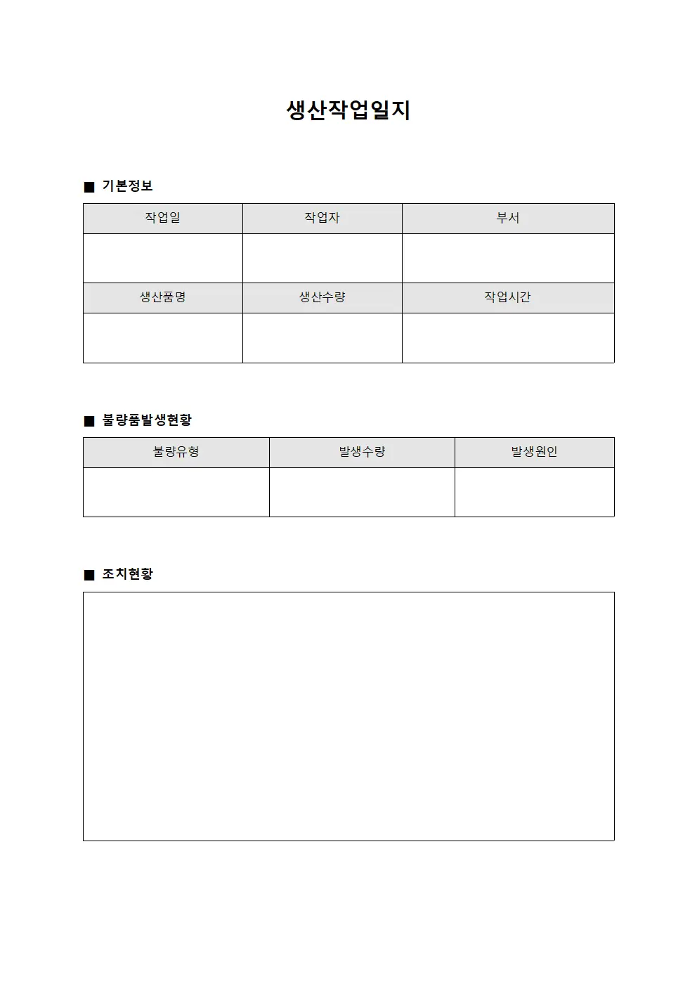 생산작업일지 불량품 발생 현황 및 조치