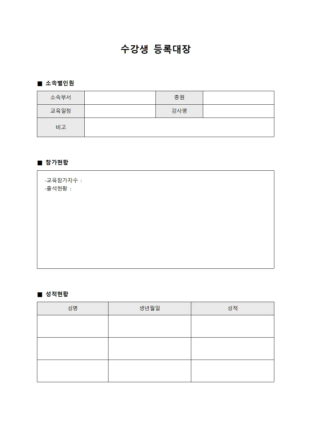 소속별인원 수강생등록대장 현황