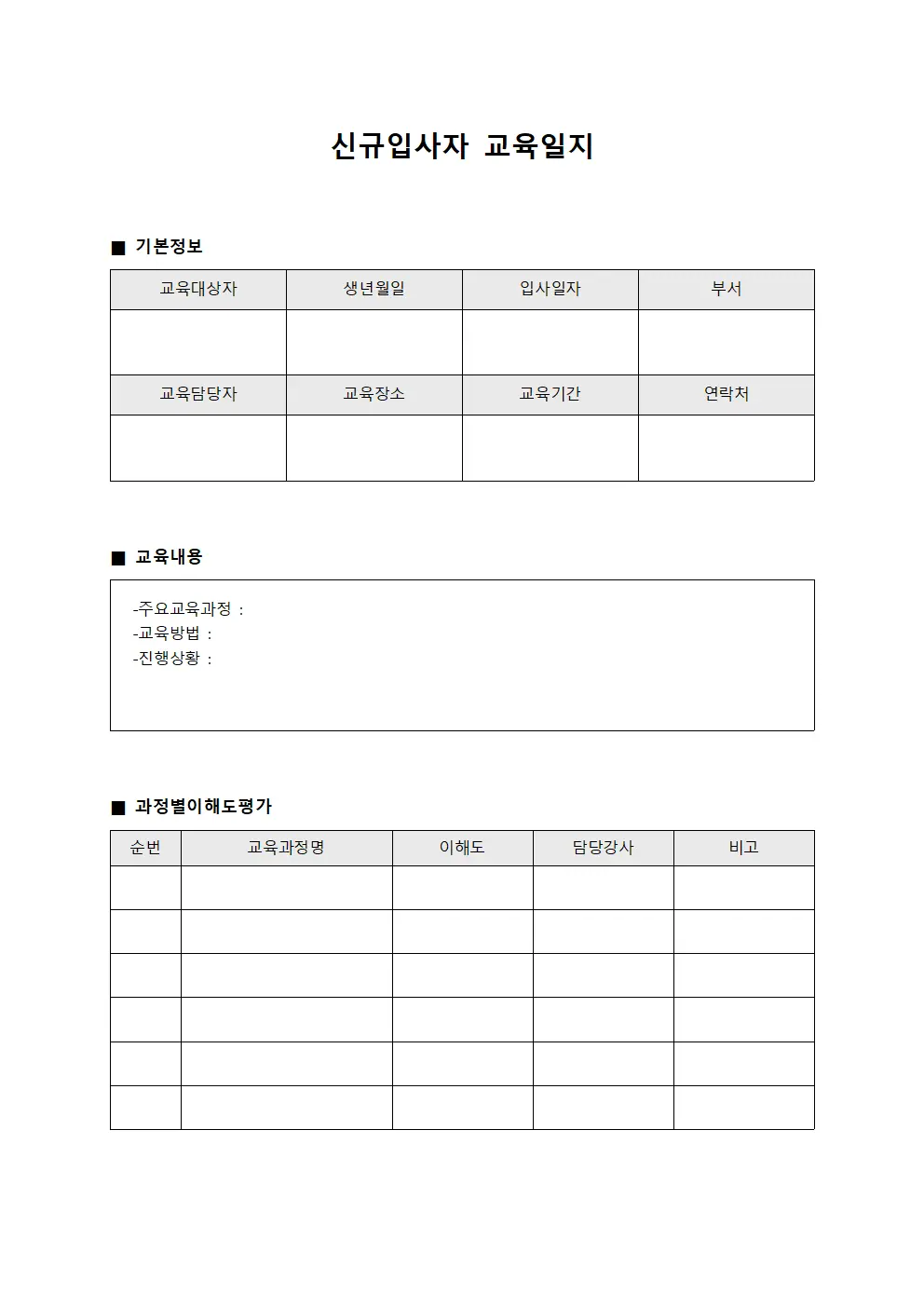 신규입사자교육일지 (과정별이해도평가)