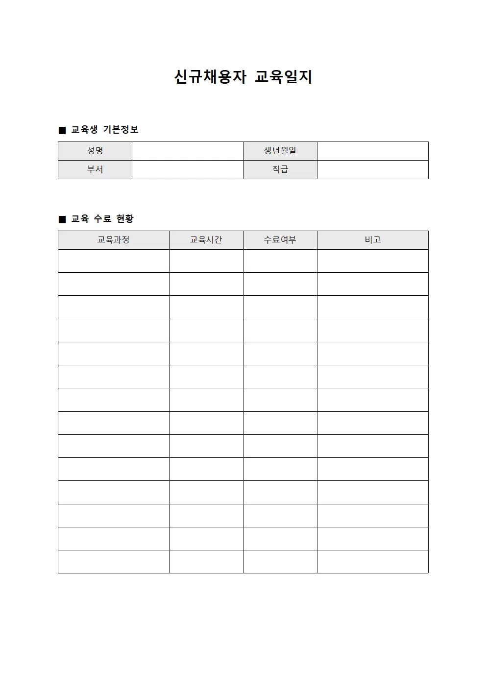 신규채용자교육일지 - 수료기준충족현황