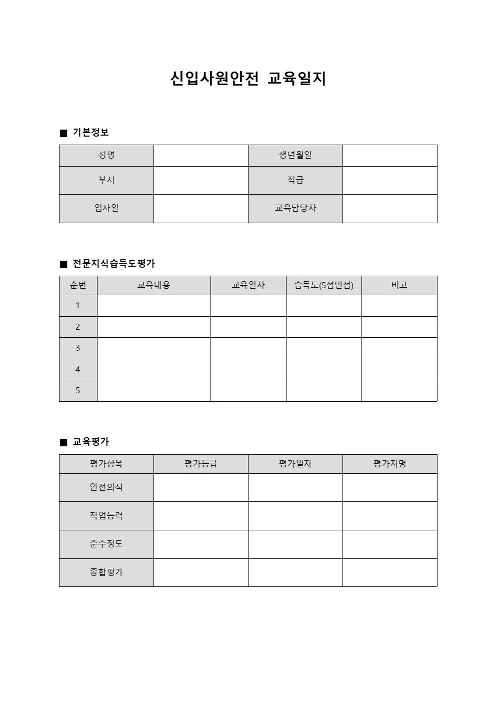 신입사원안전교육일지 (전문지식습득도평가)