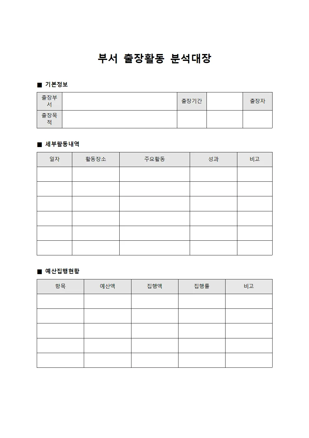 부서 출장활동 분석대장 문서양식