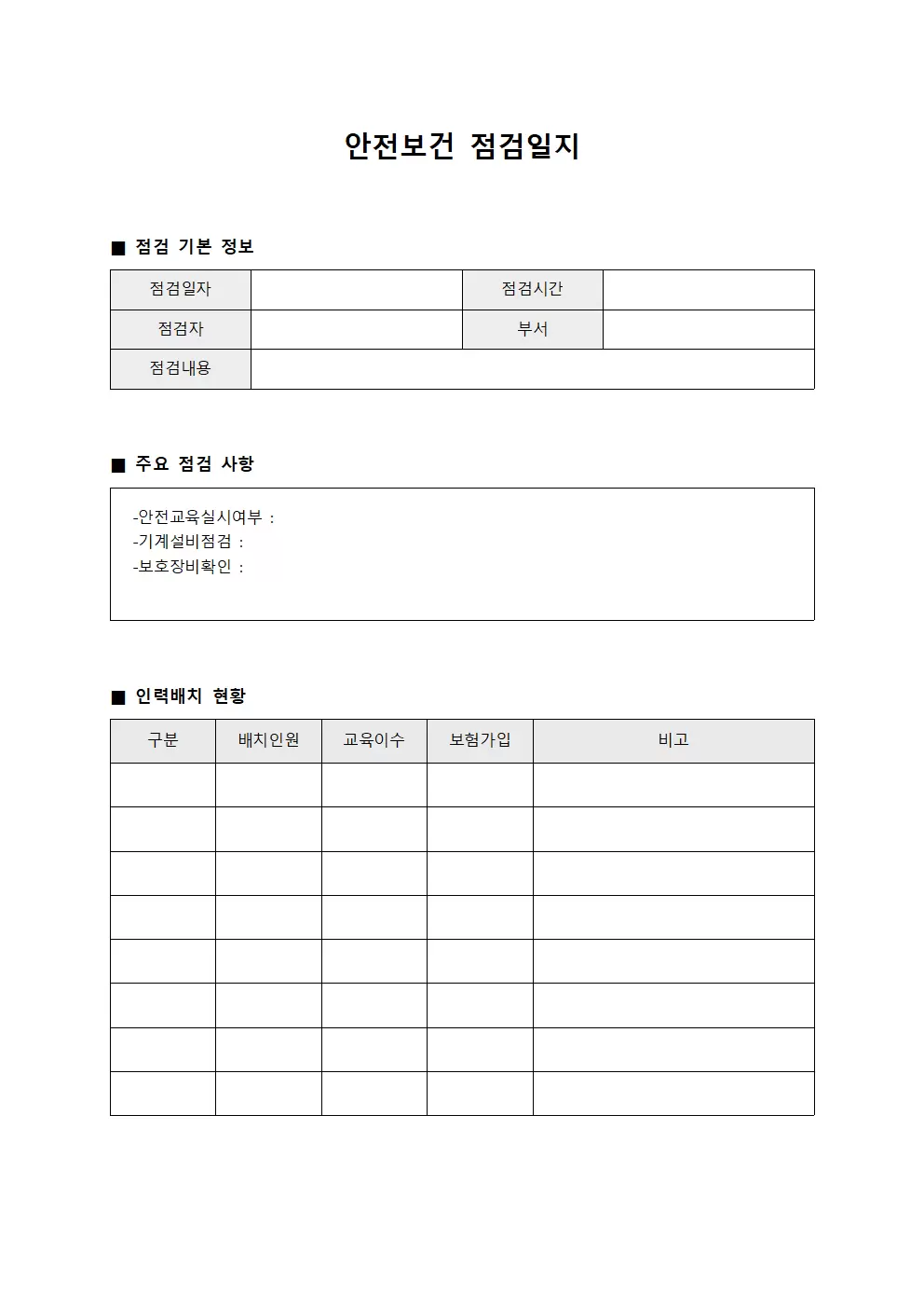 안전보건점검일지 - 인력배치현황