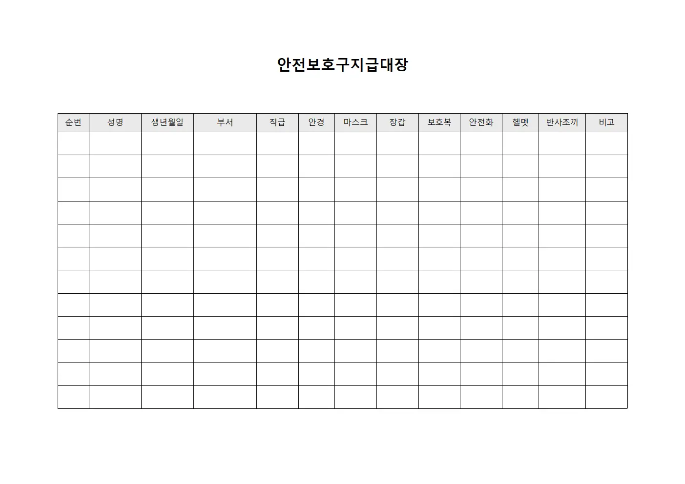 근무자 안전장비 안전보호구지급대장 현황 파일서식