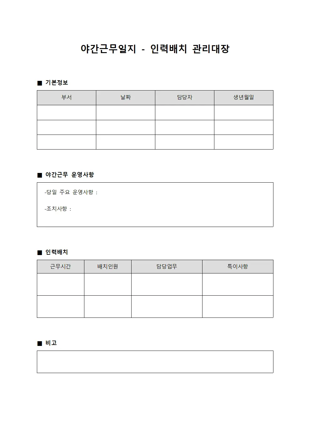 야간근무일지 - 인력배치 관리대장