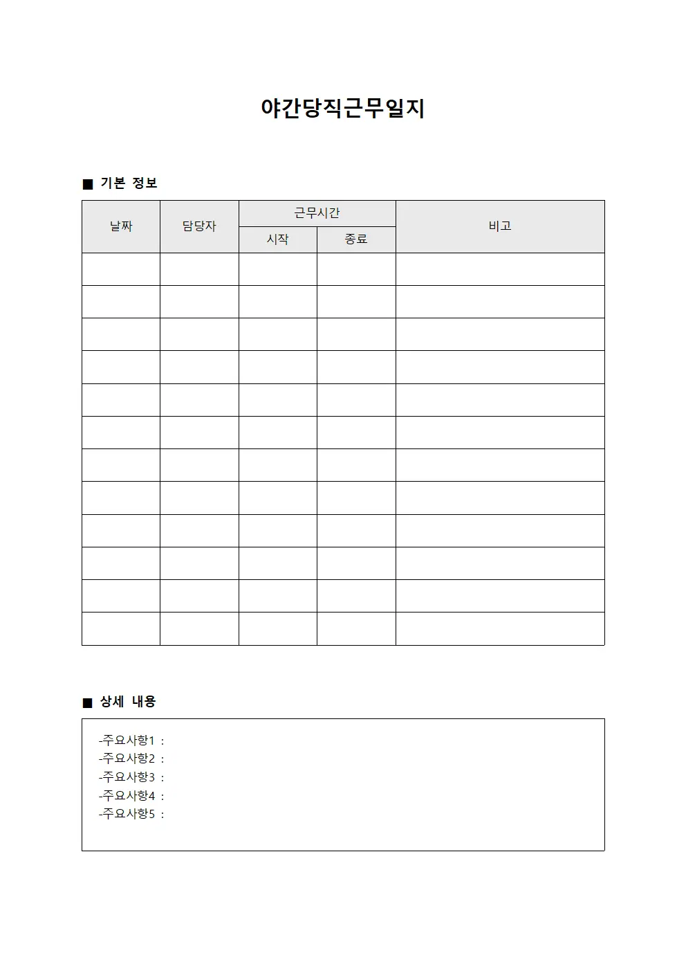 조직 인원 배정 야간당직근무일지 현황