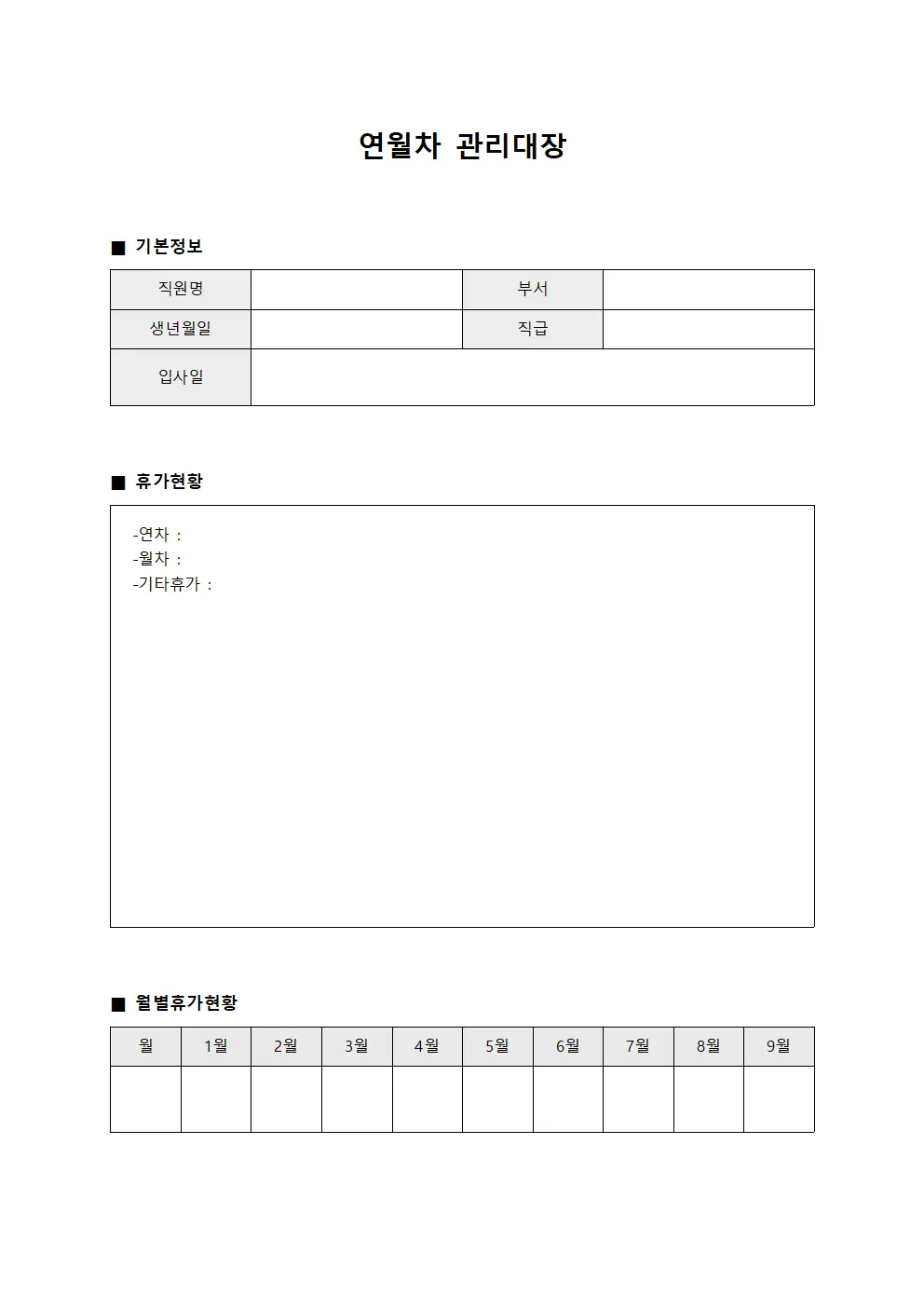 직원별휴가일수현황 연월차관리대장