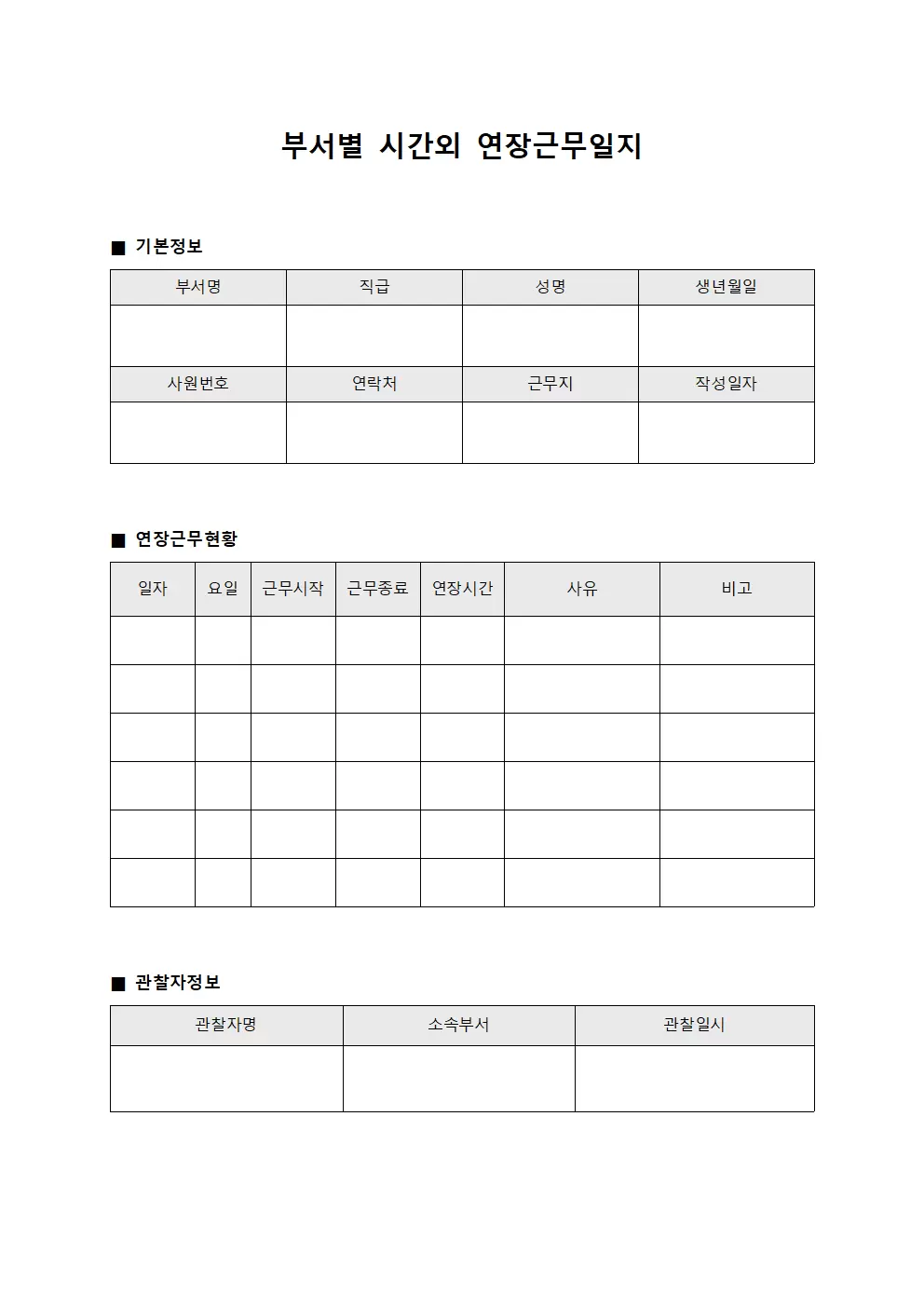 부서별 시간외 연장근무일지 관찰