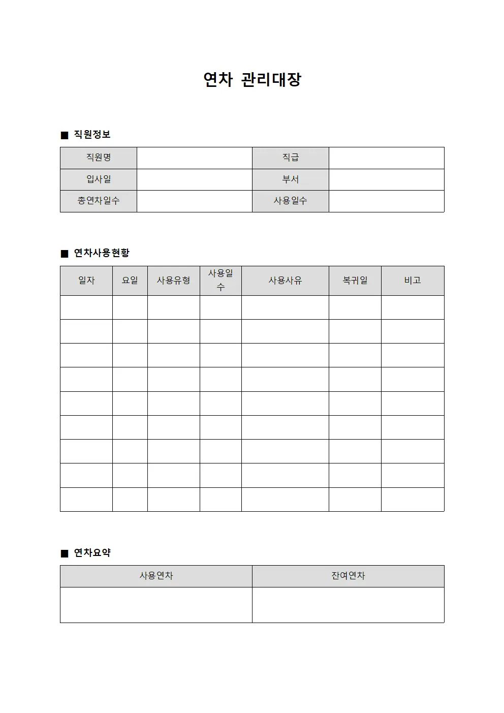연차관리대장 (연간휴가사용현황)