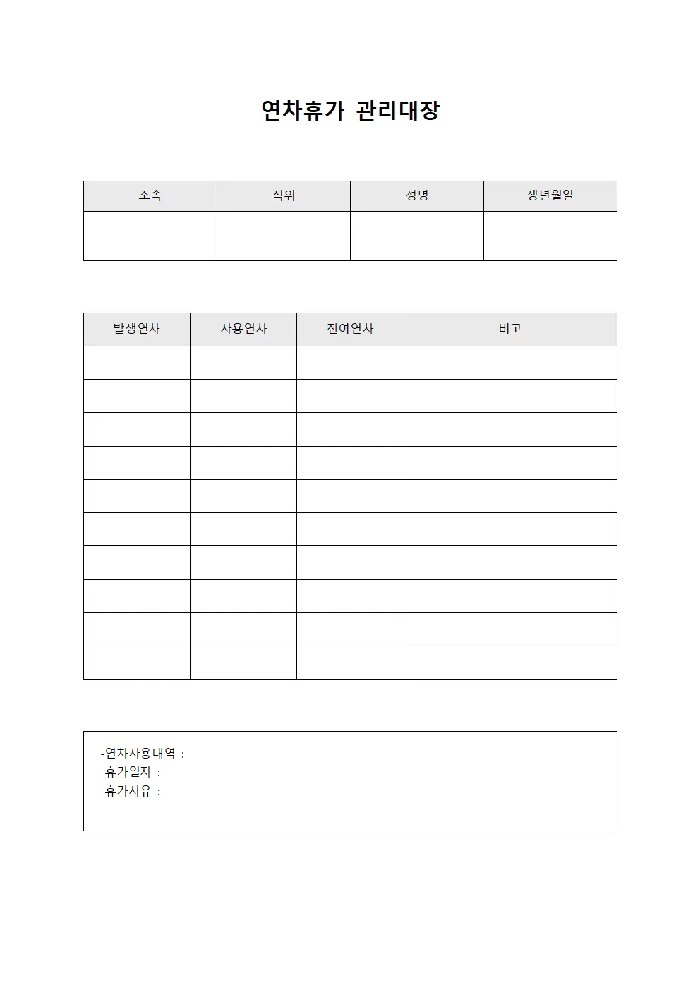 부서별휴가사용현황 연차휴가관리대장