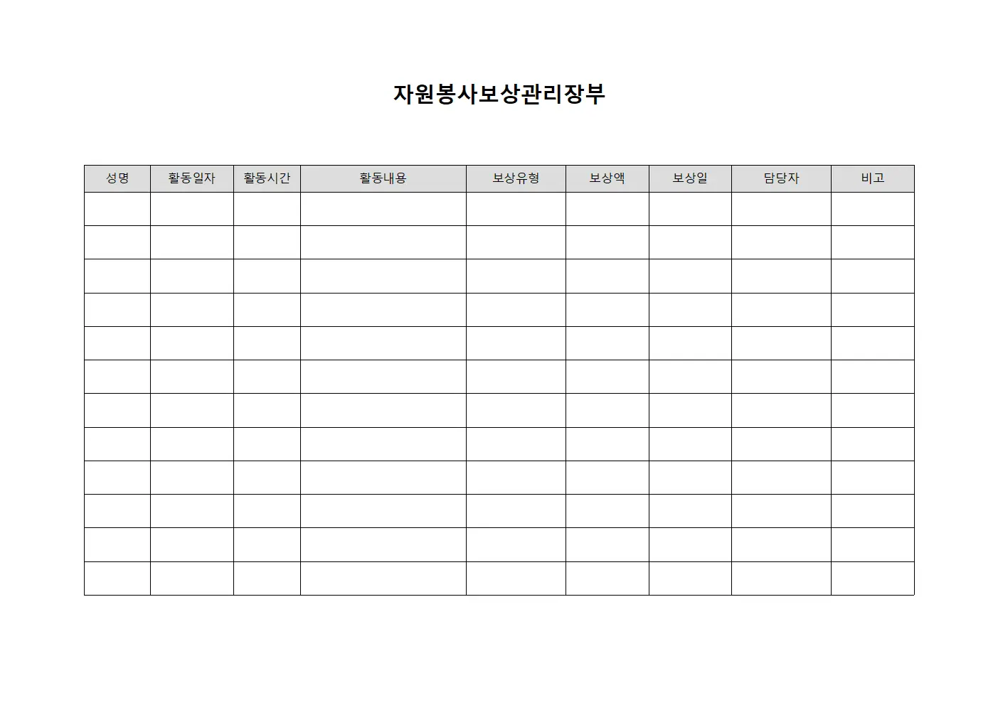 자원봉사보상관리장부