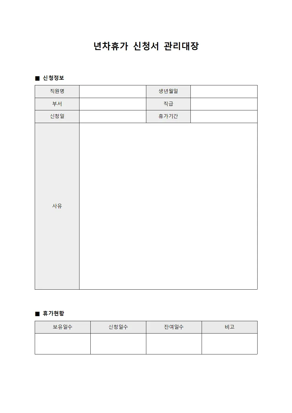 년차휴가 신청서 관리대장