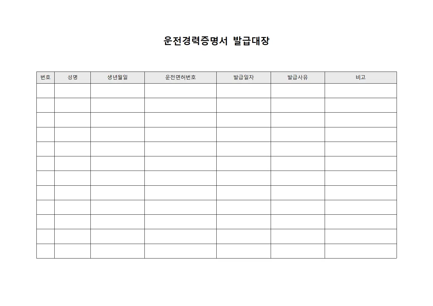 운전경력증명서발급대장 (퇴직자최종정산)