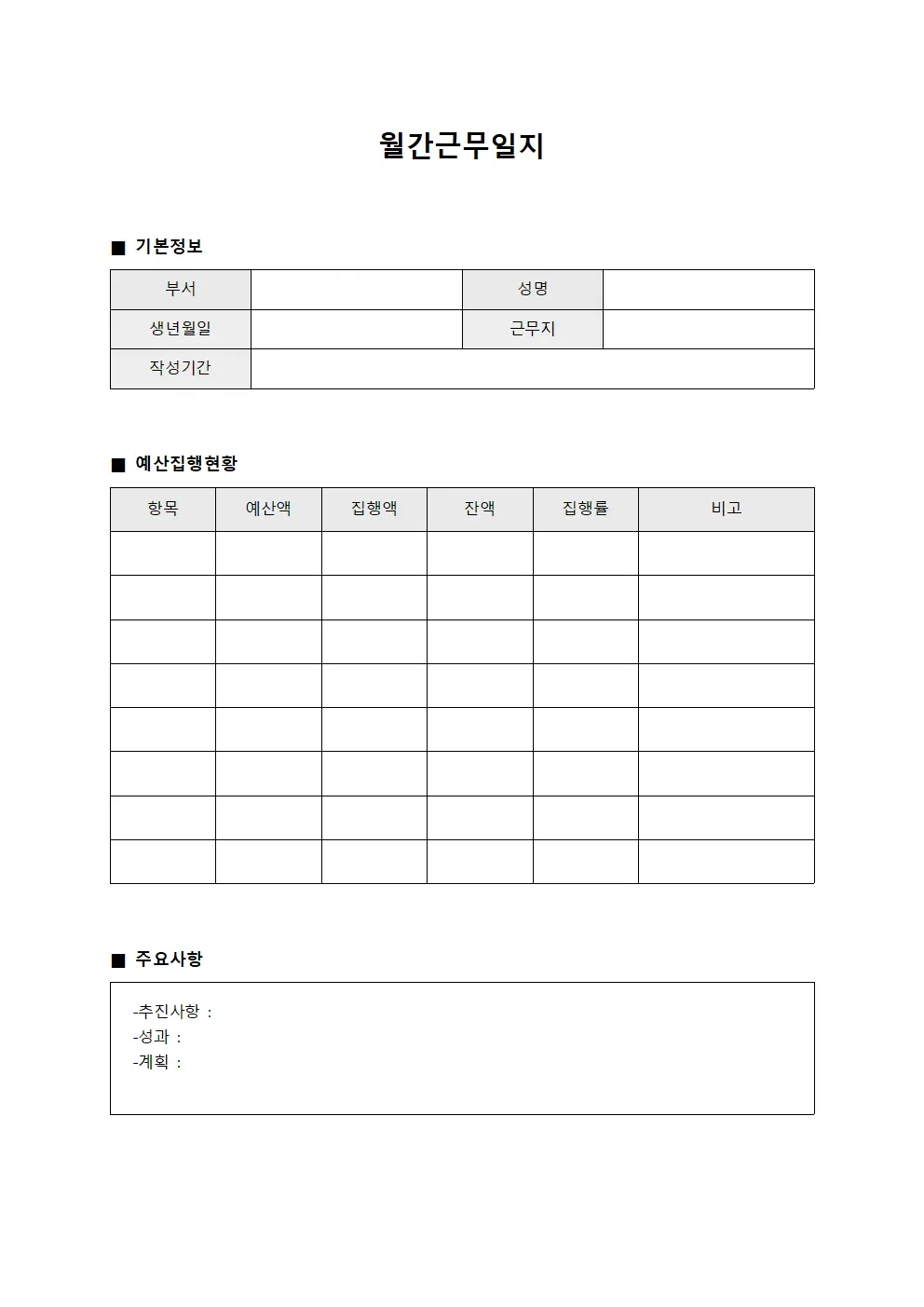월간근무일지 (예산 집행 현황)