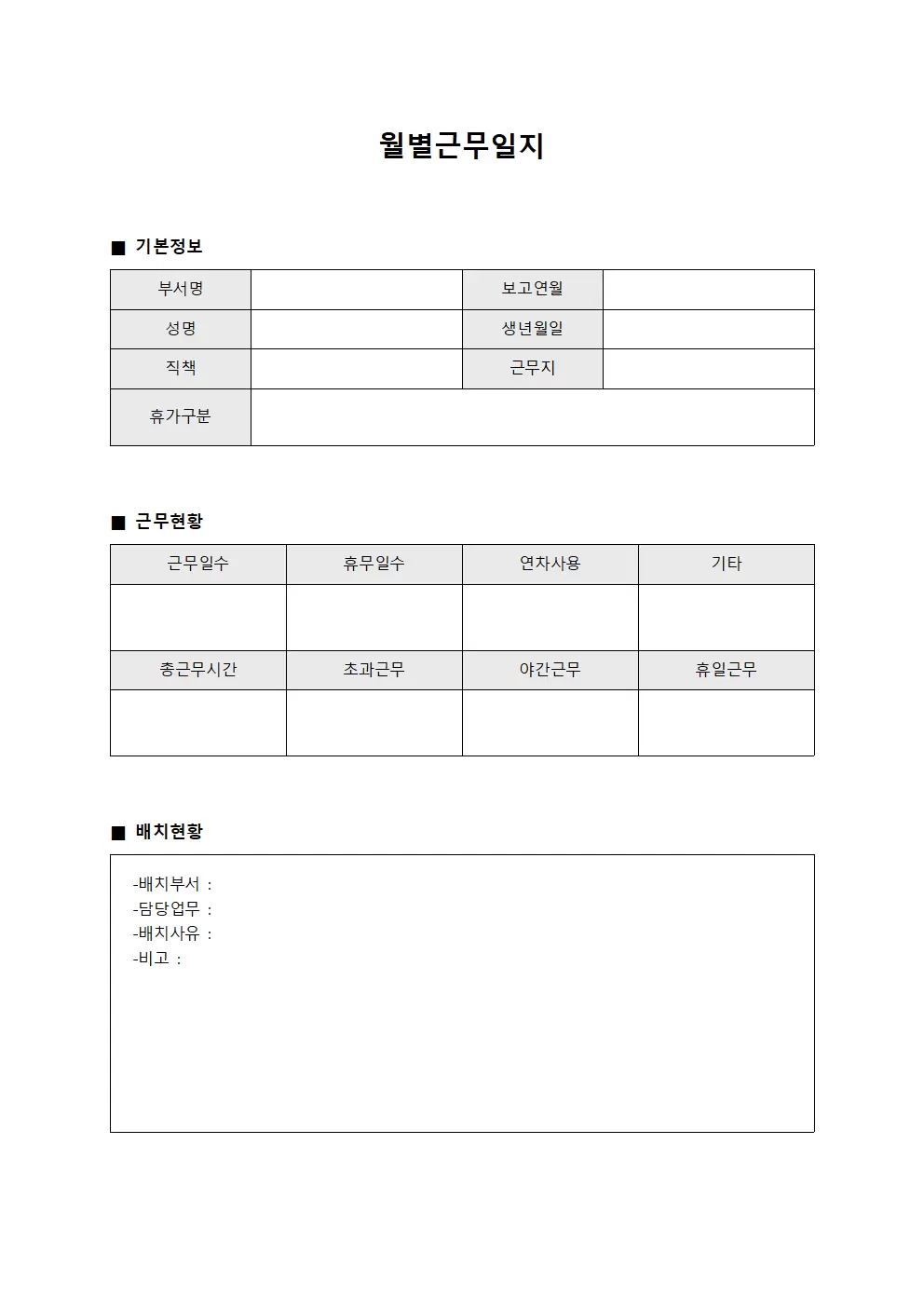 월별근무일지 (인력배치보고서)
