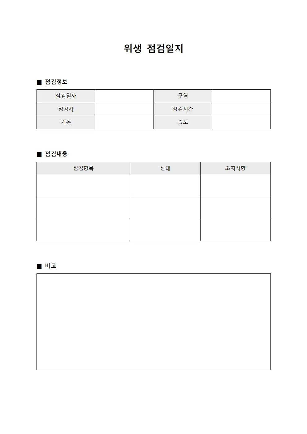 위생점검일지 (구역별 현황판)