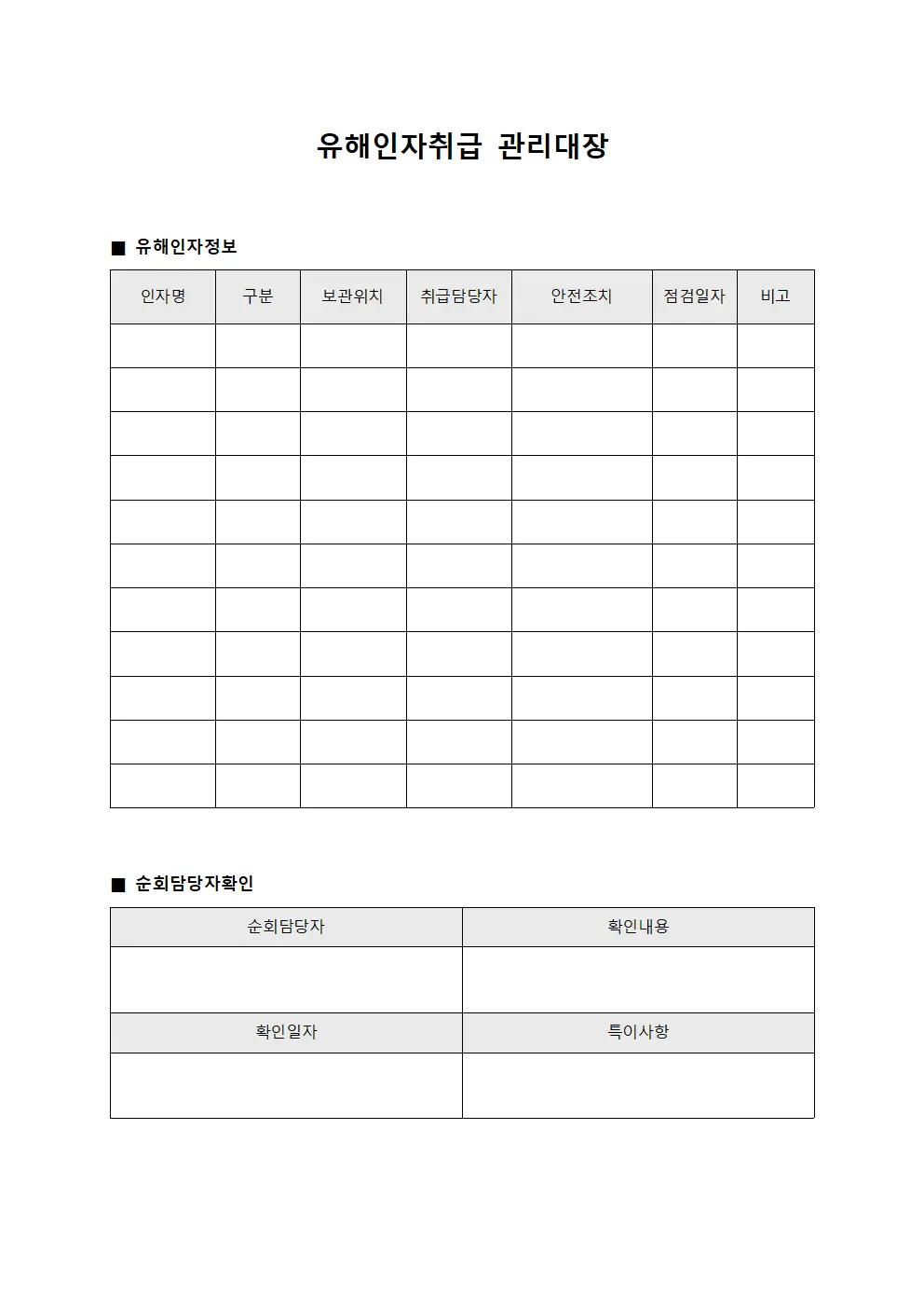 유해인자취급관리대장 (순회담당자확인사항)