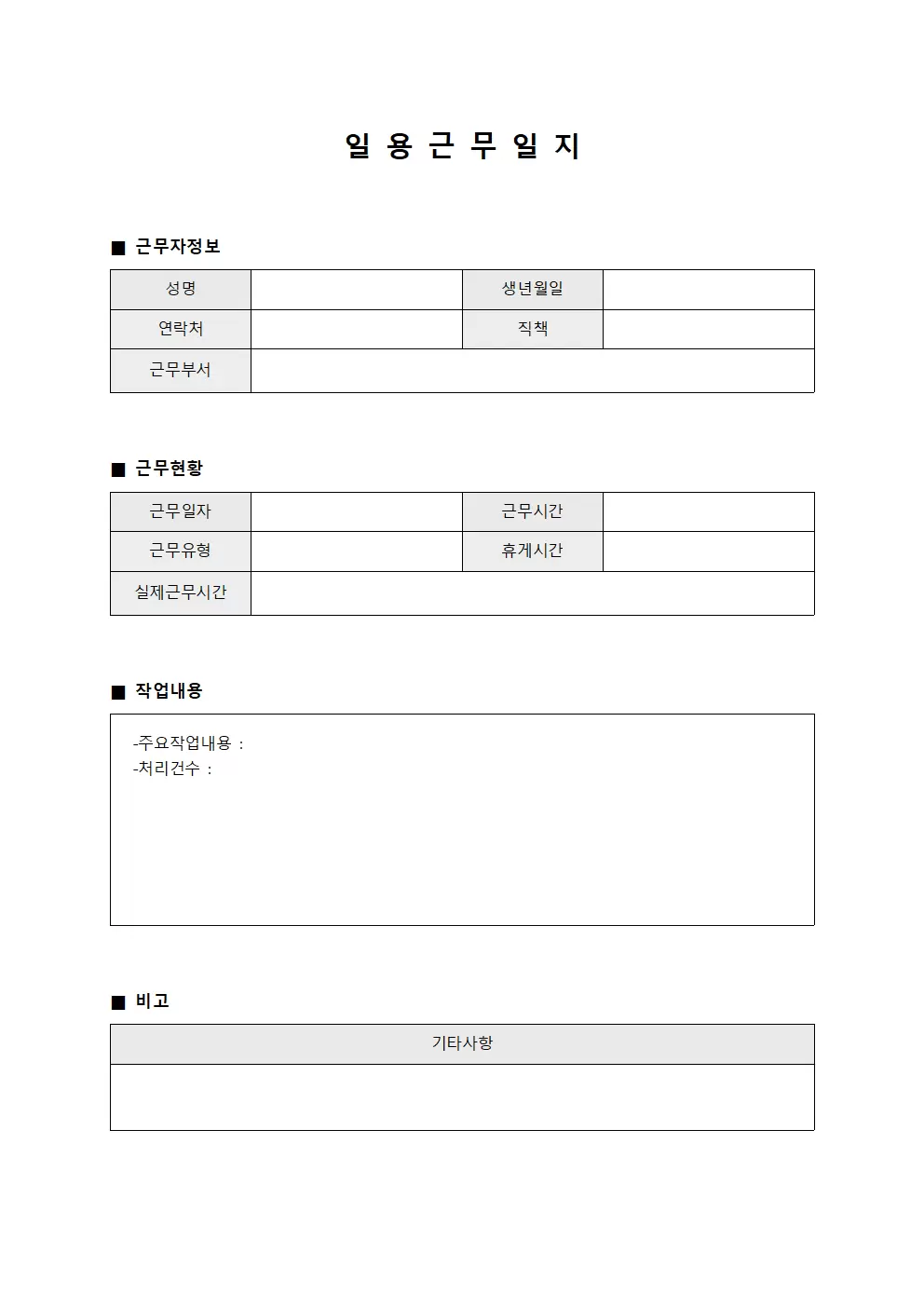 일일 작업 현황 일용근무일지