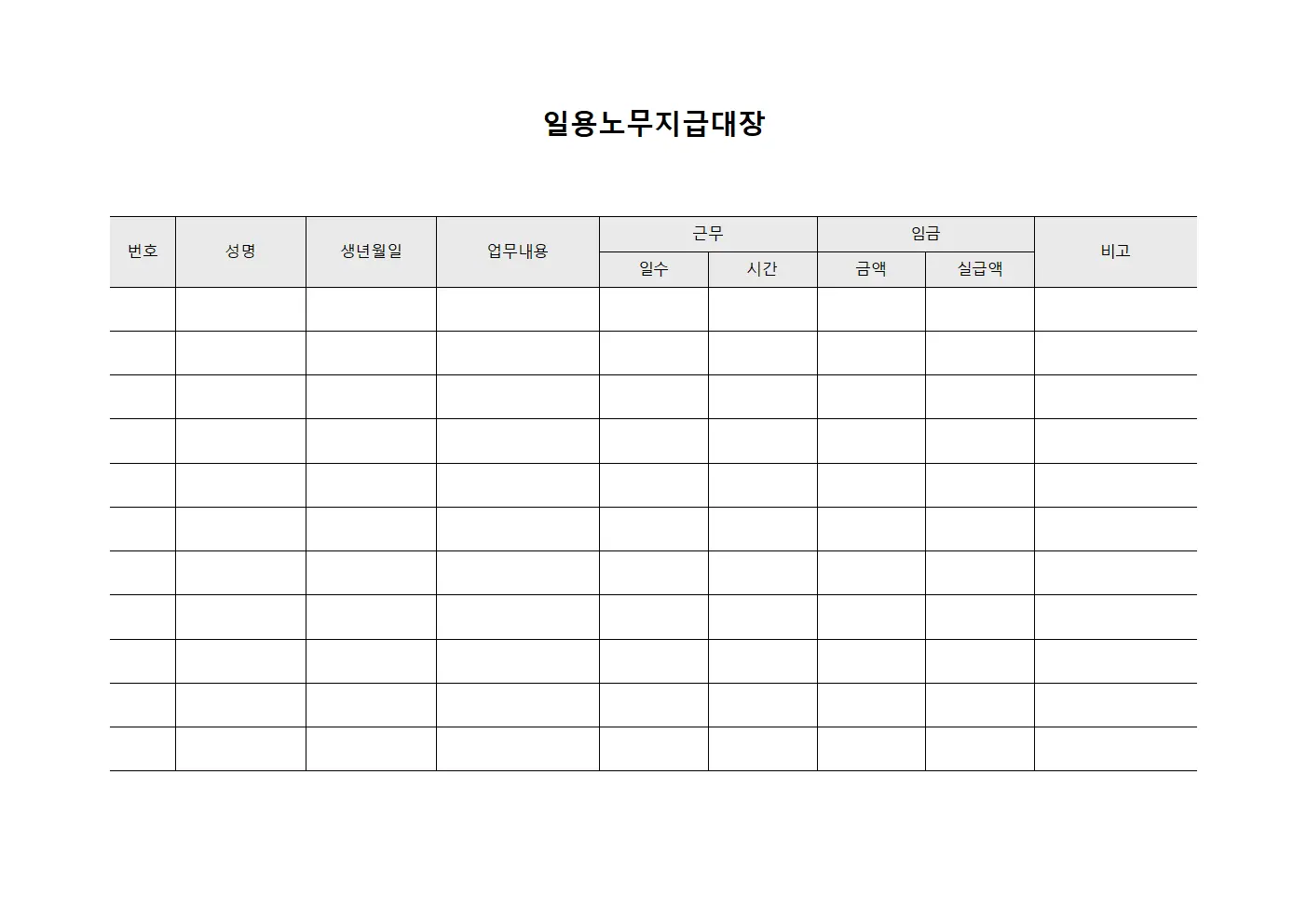 일용노무지급대장 (일당지급 대상자 현황)