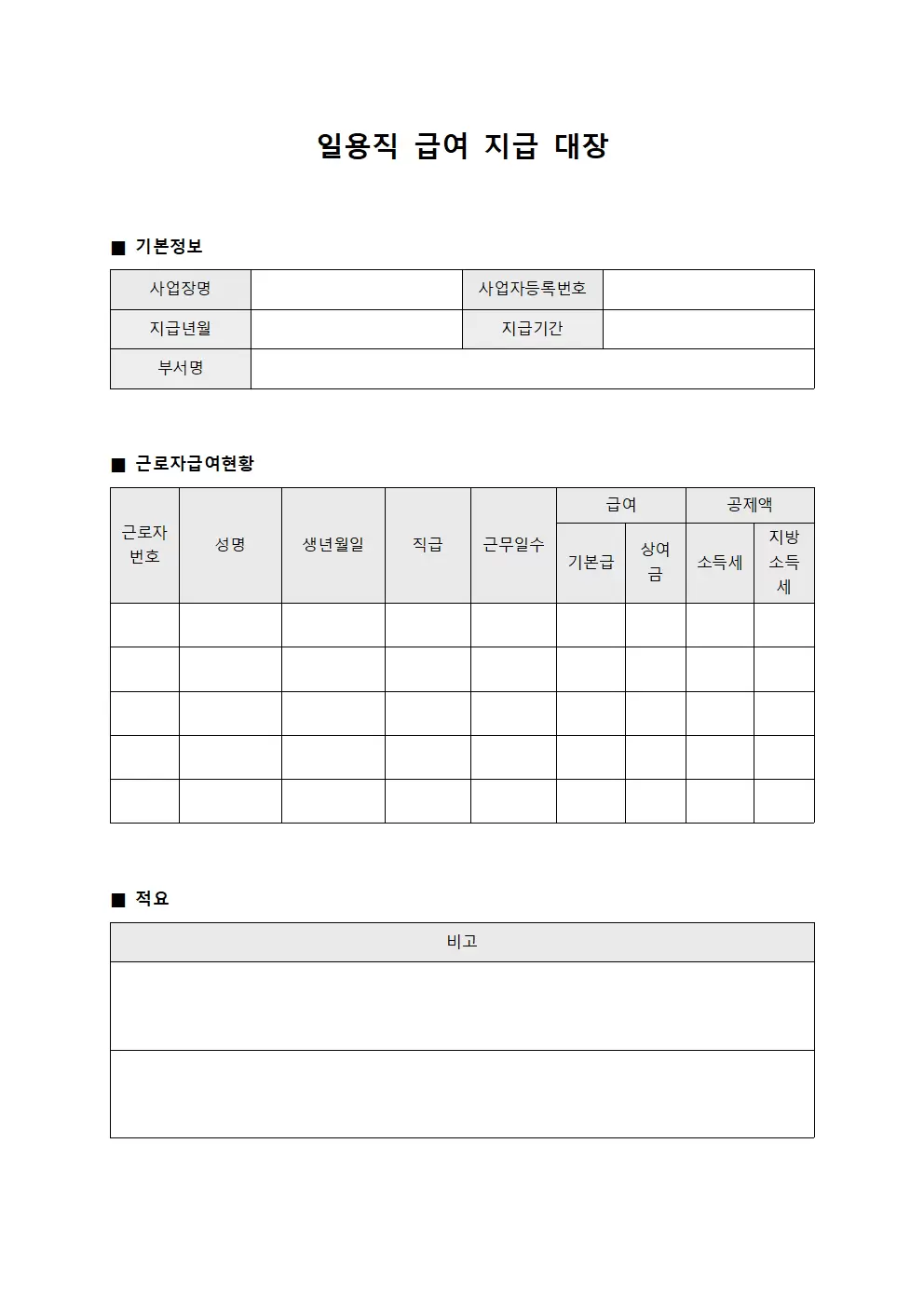 일용직급여지급대장 - 월별 근로자 급여 현황