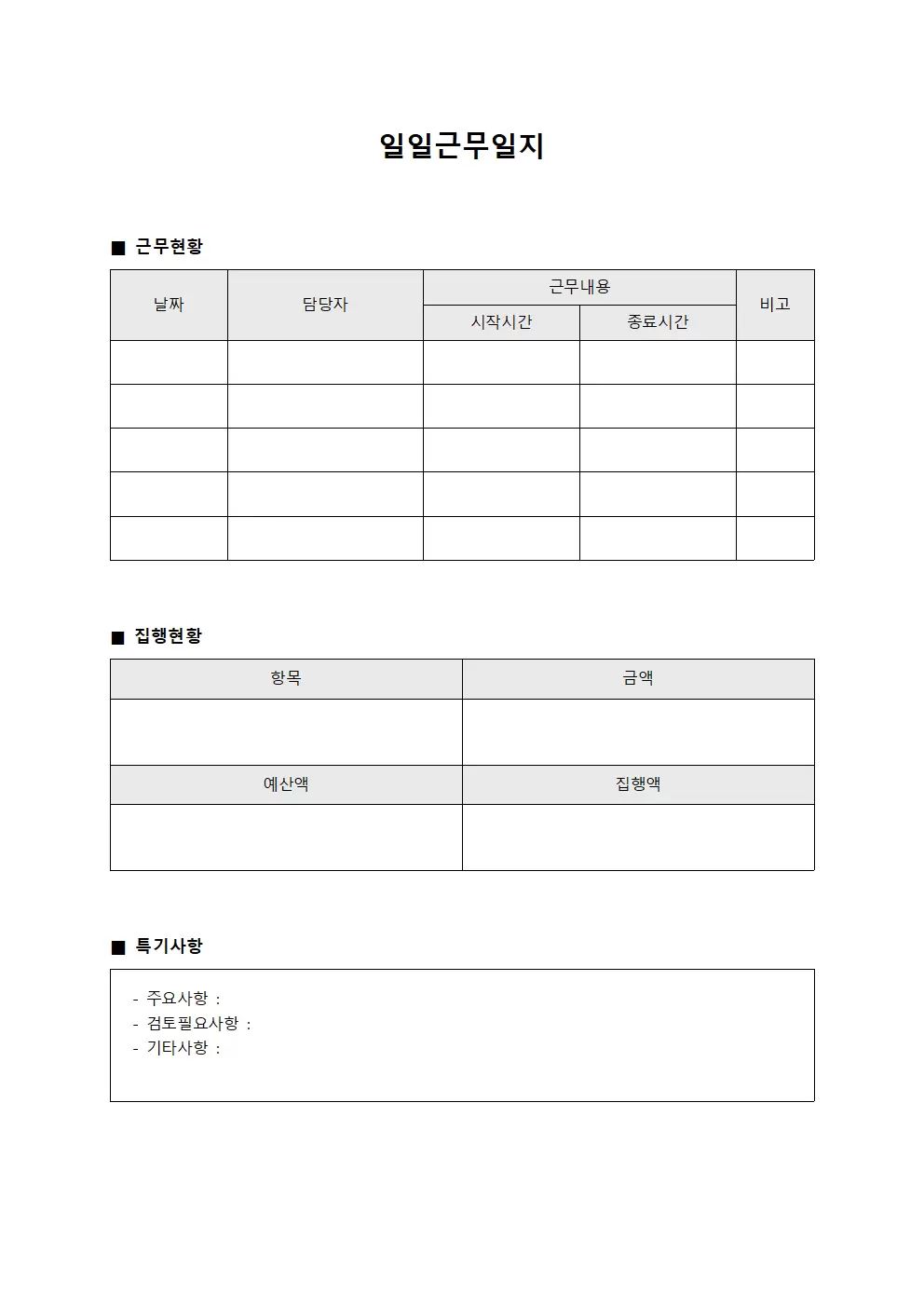 일일근무일지 (예산 집행 현황)