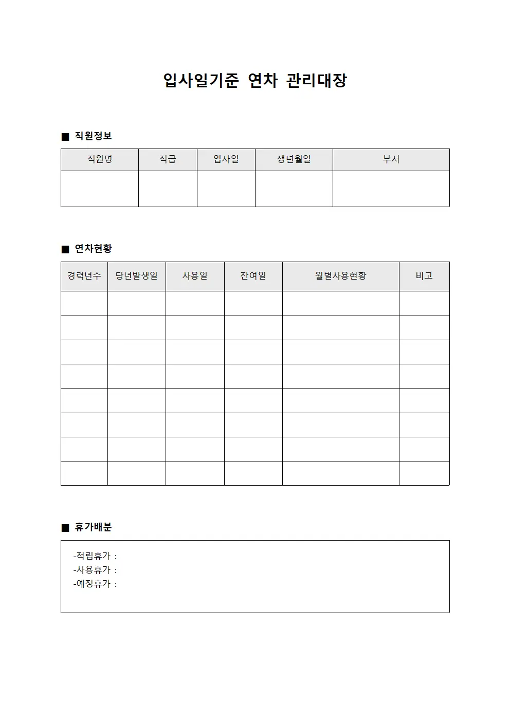입사일기준연차관리대장 - 재직자휴가배분