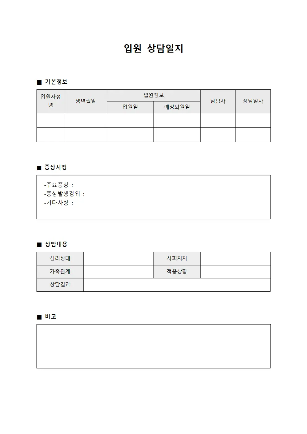 입원상담일지 - 증상사정