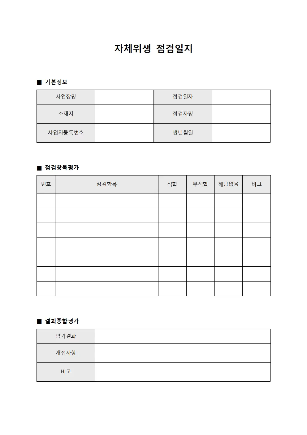 자체위생점검일지 (결과 종합평가)