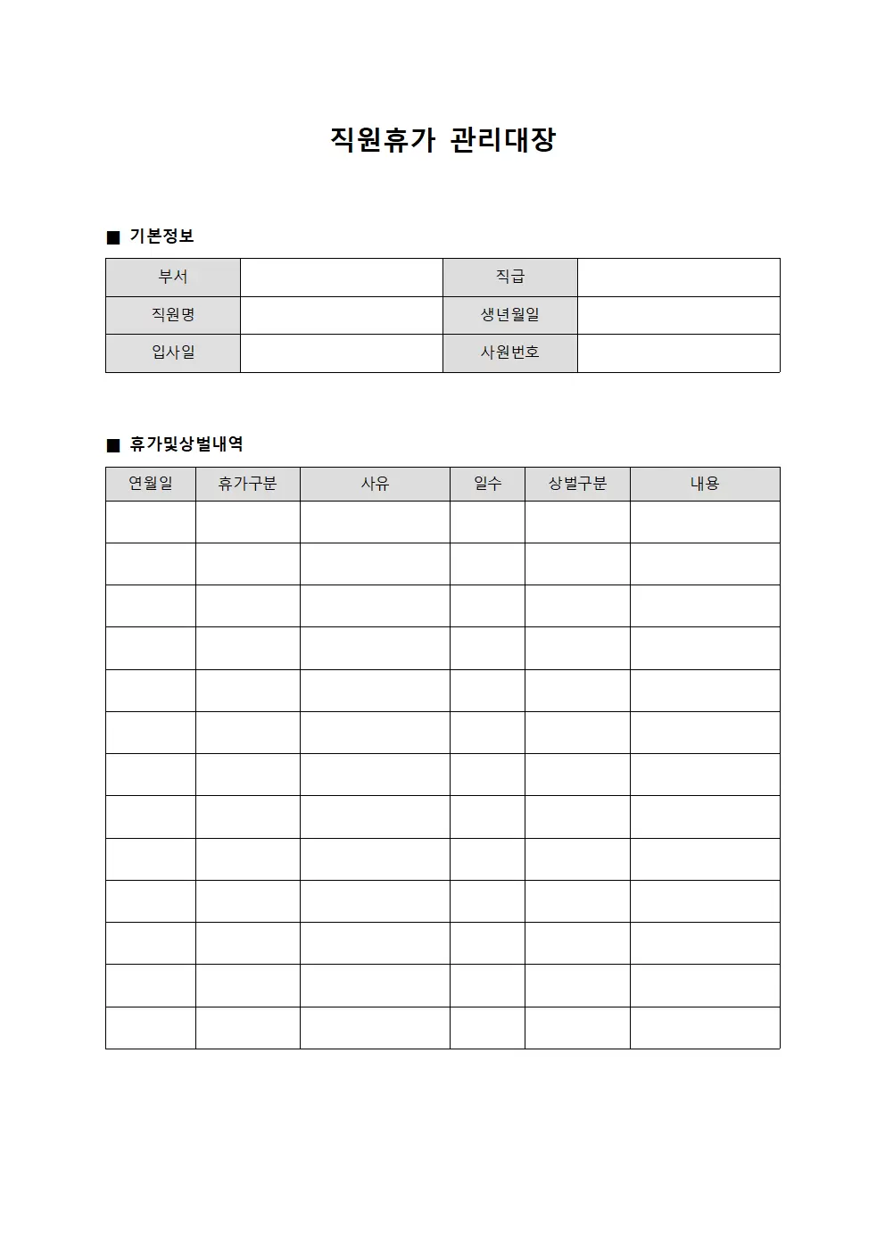 직원휴가관리대장 상벌내역