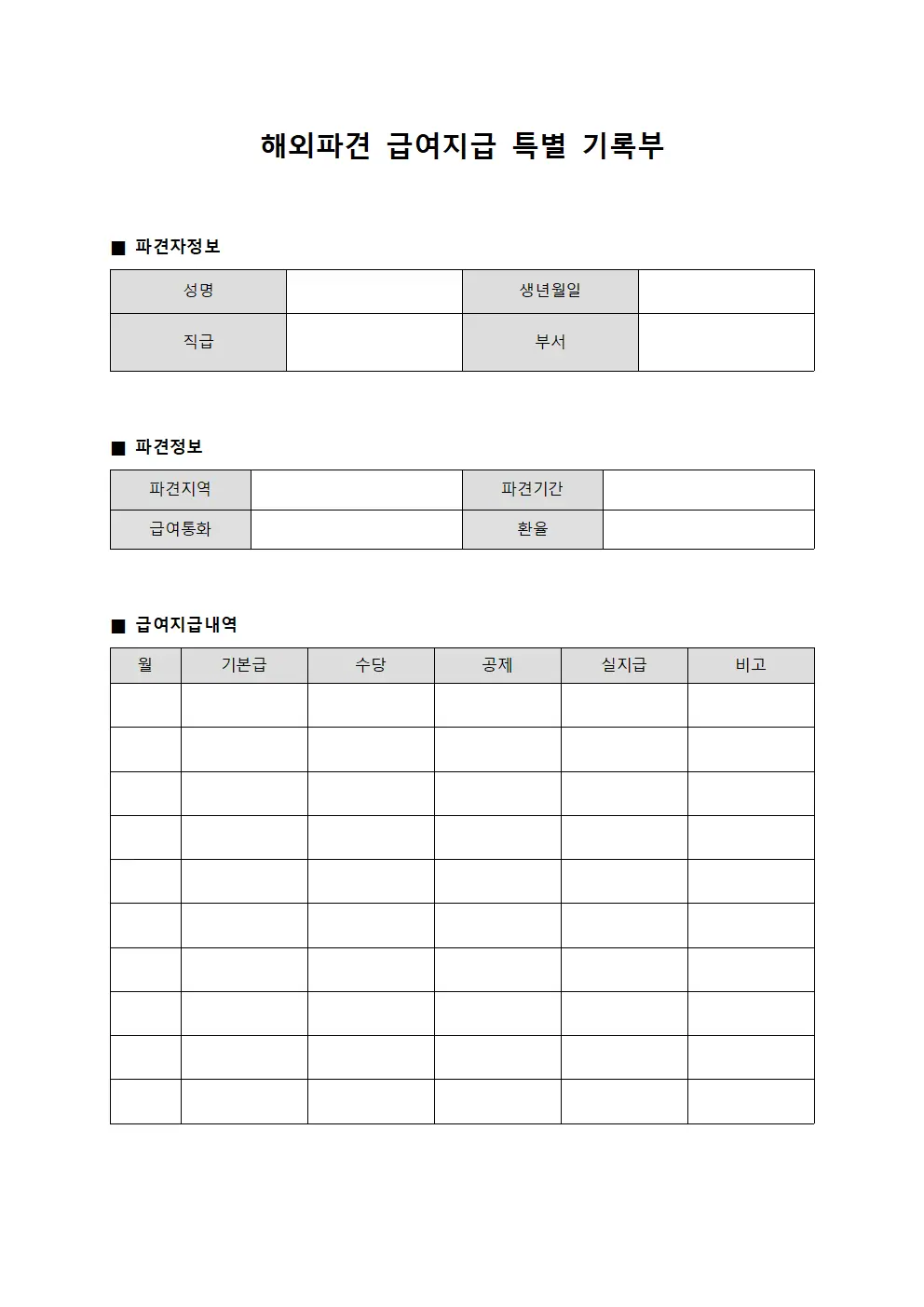 해외파견 급여지급 특별 기록부