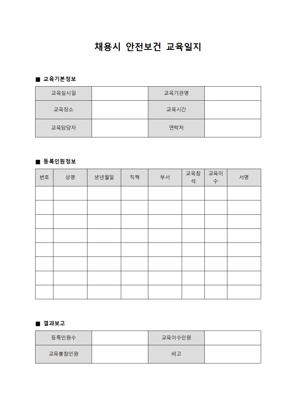채용시안전보건교육일지 - 등록인원 결과보고