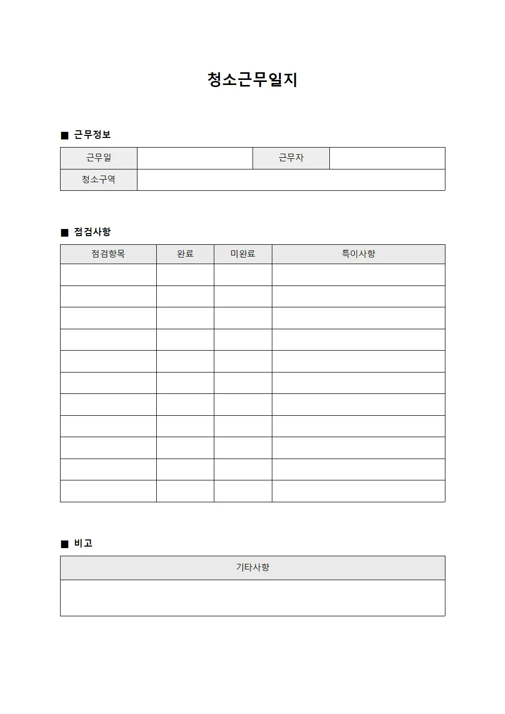청소근무일지 (구역별 점검 표)