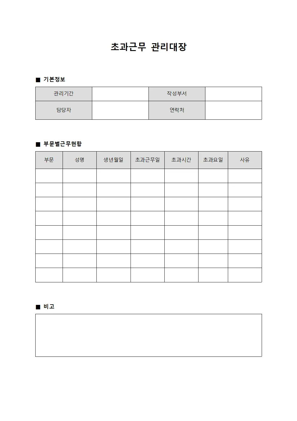 초과근무관리대장 (부문별근무현황)