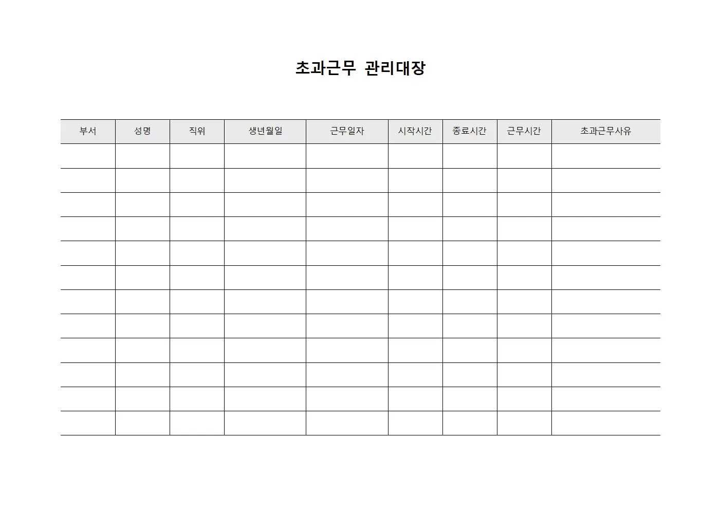 초과근무관리대장 (일일근무실적현황)
