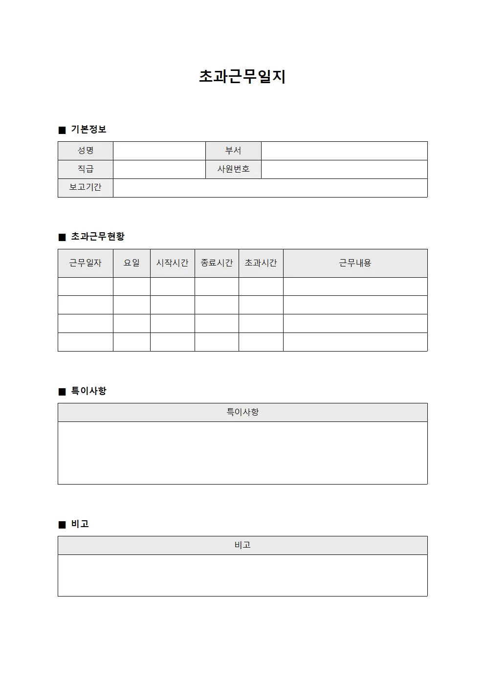 초과근무일지 (훈련 과정 보고서)