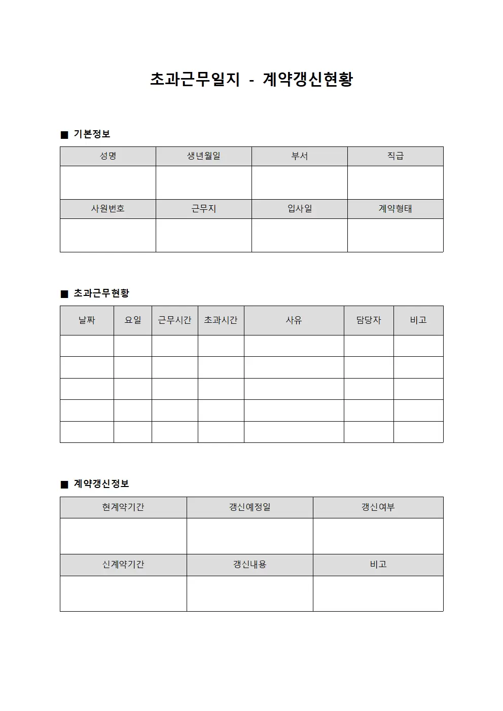 초과근무일지 - 계약 갱신 현황