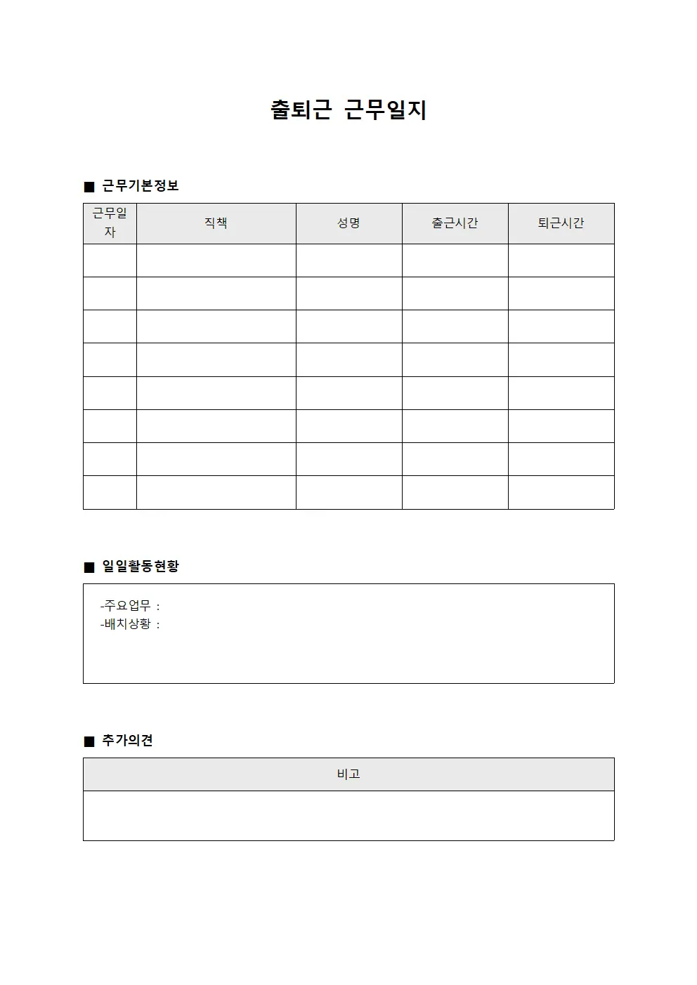 출퇴근근무일지 - 배치담당 일일활동