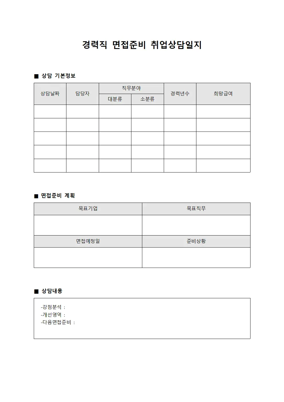 경력직면접준비 취업상담일지