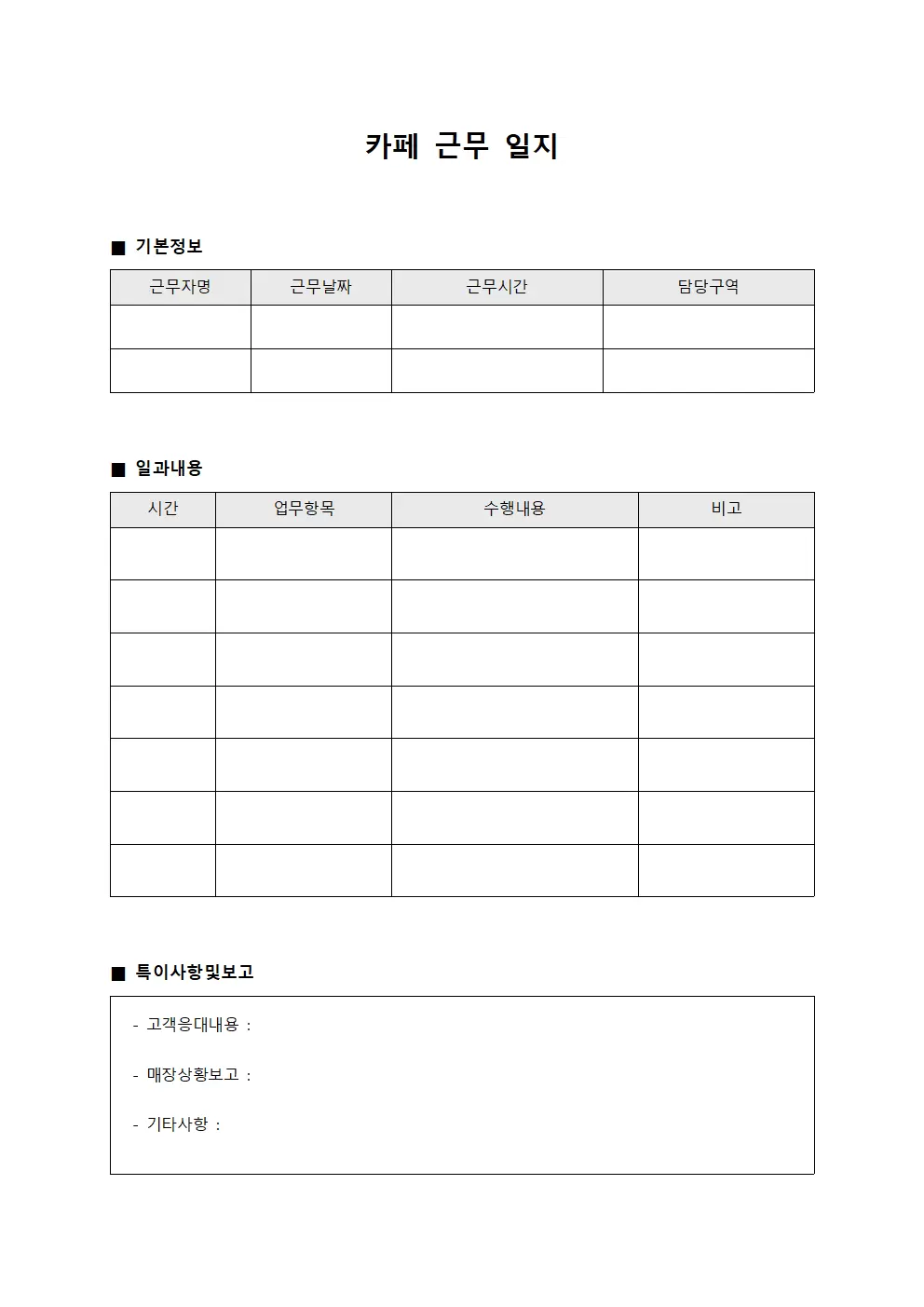카페근무일지 - 일과 보고서